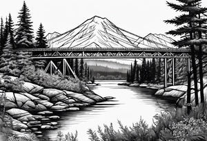 steel truss cantilever bridge over river, mountains, sky, trees, pacific northwest tattoo idea