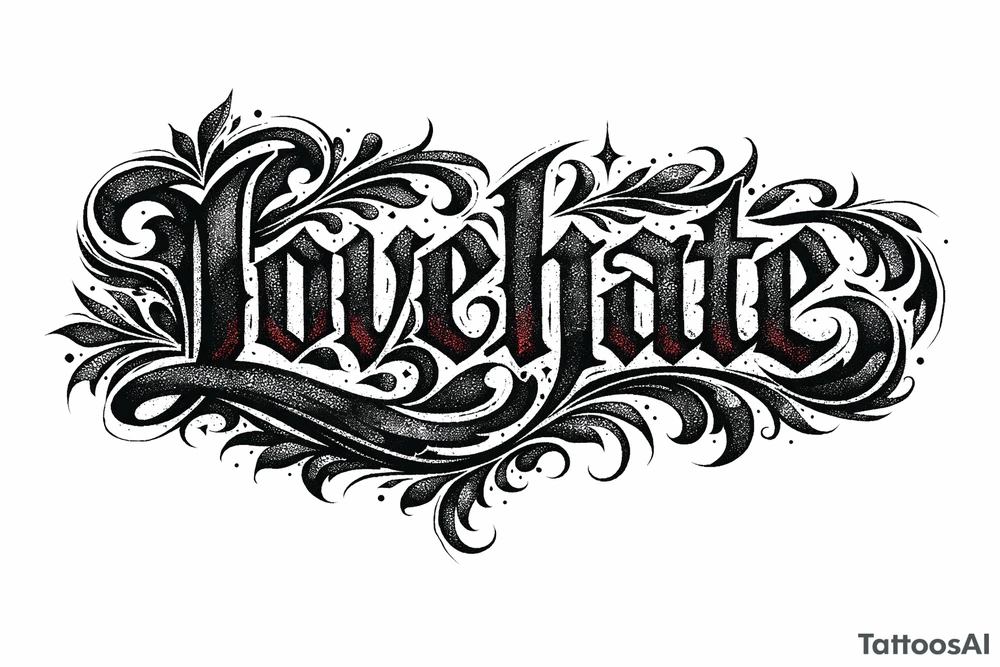 Textured font 'lovehate' in charcoal with deep red highlights. tattoo idea