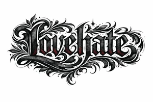 Textured font 'lovehate' in charcoal with deep red highlights. tattoo idea