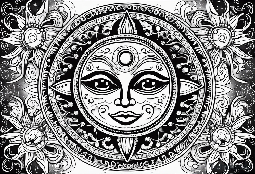 Mexican alien Sun and moon. Freeform rectangular sternum swirls with dots and stars tattoo idea