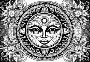 Mexican alien Sun and moon. Freeform rectangular sternum swirls with dots and stars tattoo idea