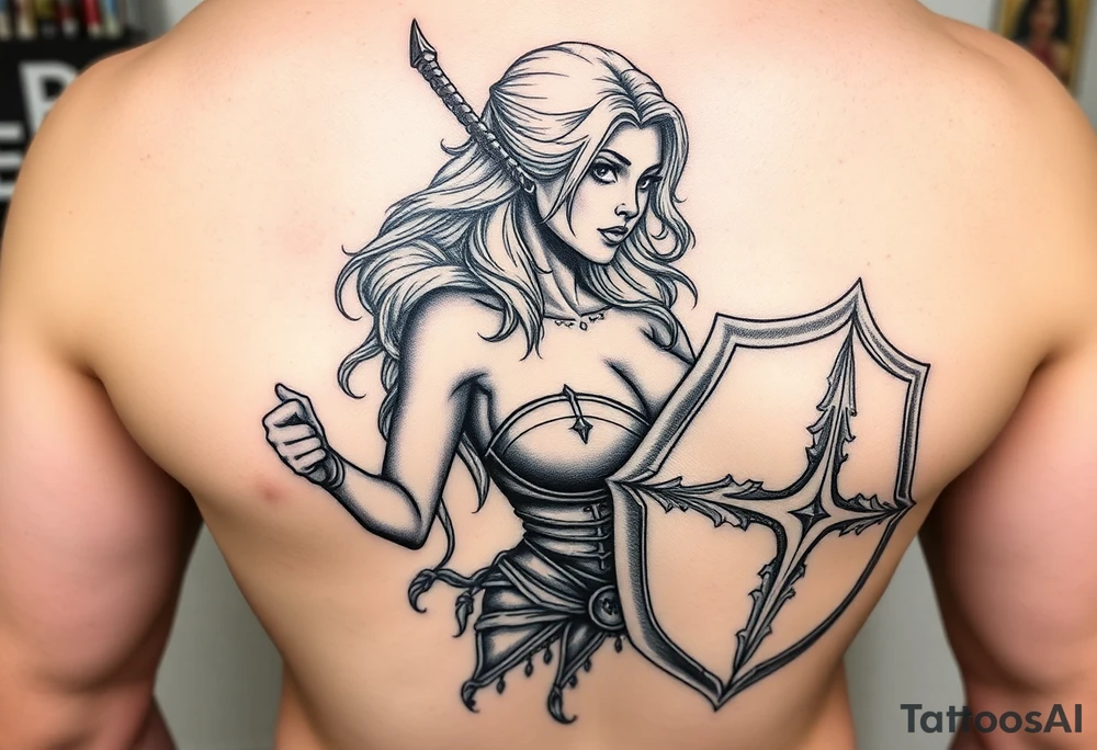 blonde valkyrie with sword and shield -- location calf -- image should show entire body of the valkyrie -- she should have large breasts and beautiful yet tough tattoo idea