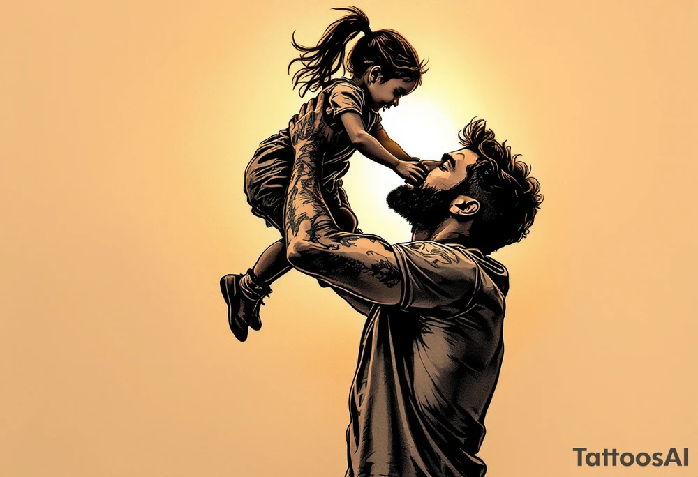 A line-art silhouette of a father lifting his daughter onto his shoulders, with a soft golden glow around them. tattoo idea