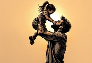 A line-art silhouette of a father lifting his daughter onto his shoulders, with a soft golden glow around them. tattoo idea