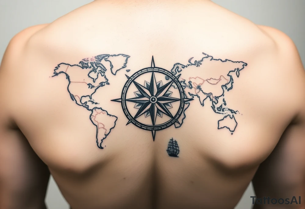 antique compass rose overlaid on weathered world map with sailing ships on hand tattoo idea