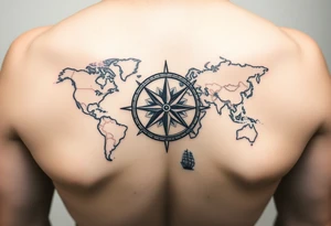 antique compass rose overlaid on weathered world map with sailing ships on hand tattoo idea