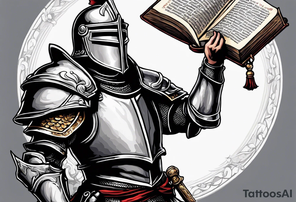 knight holding a bible over his head in combat tattoo idea