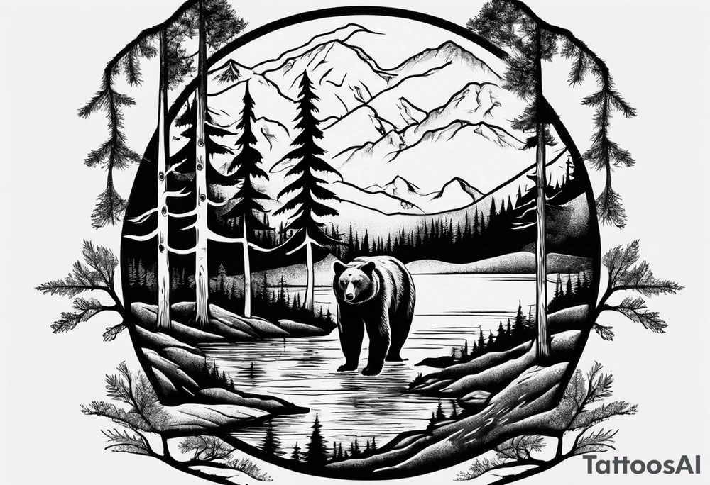 bear, forest, lake, appalachia, arm sleeve tattoo tattoo idea
