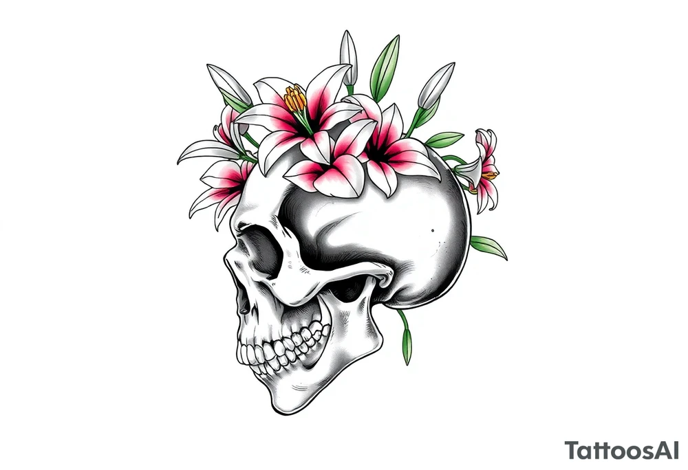 Lillies coming out of back of humanoid skull tattoo idea