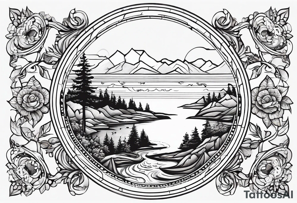A circle with an outline of Whidbey Island inside of it. tattoo idea