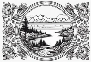 A circle with an outline of Whidbey Island inside of it. tattoo idea