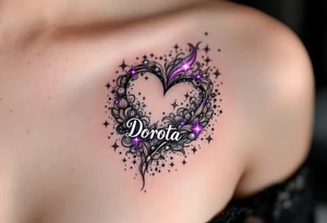 A heart surrounded by cosmic elements, with names "Dorota" written in an elegant white script, accented by soft purple and silver sparkles. tattoo idea