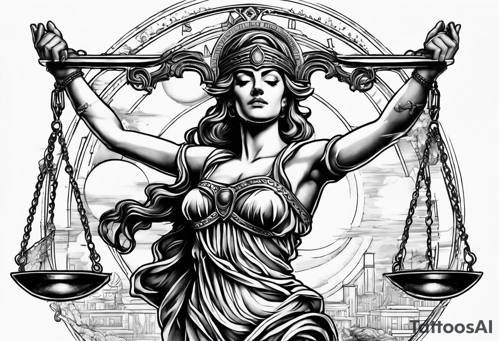Themis holding the scales of justice while blindfolded with a moon in the background in color tattoo idea