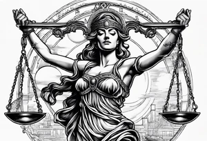 Themis holding the scales of justice while blindfolded with a moon in the background in color tattoo idea