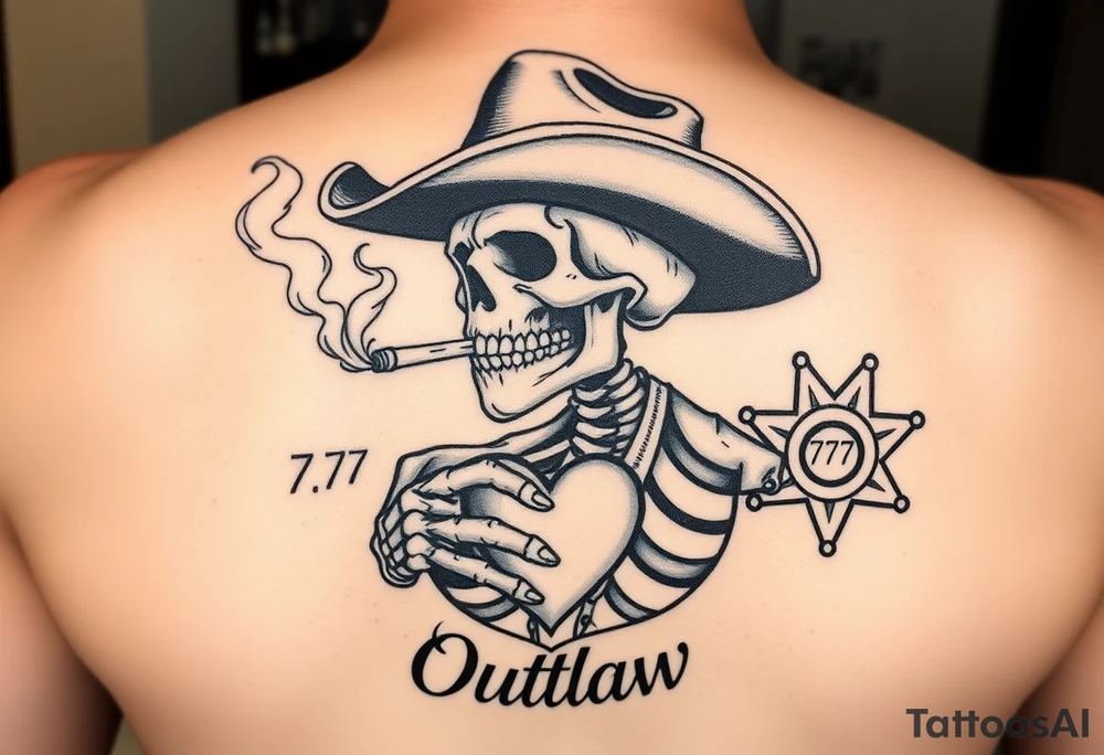 I have a skeleton cowboy smoking a cigarette with smoke that shapes into a heart. It says “wanted” above it and “outlaw” under it. I’d like a 777 slot and a sheriff badge in the background tattoo idea