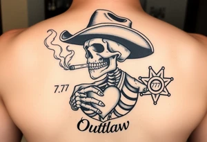 I have a skeleton cowboy smoking a cigarette with smoke that shapes into a heart. It says “wanted” above it and “outlaw” under it. I’d like a 777 slot and a sheriff badge in the background tattoo idea