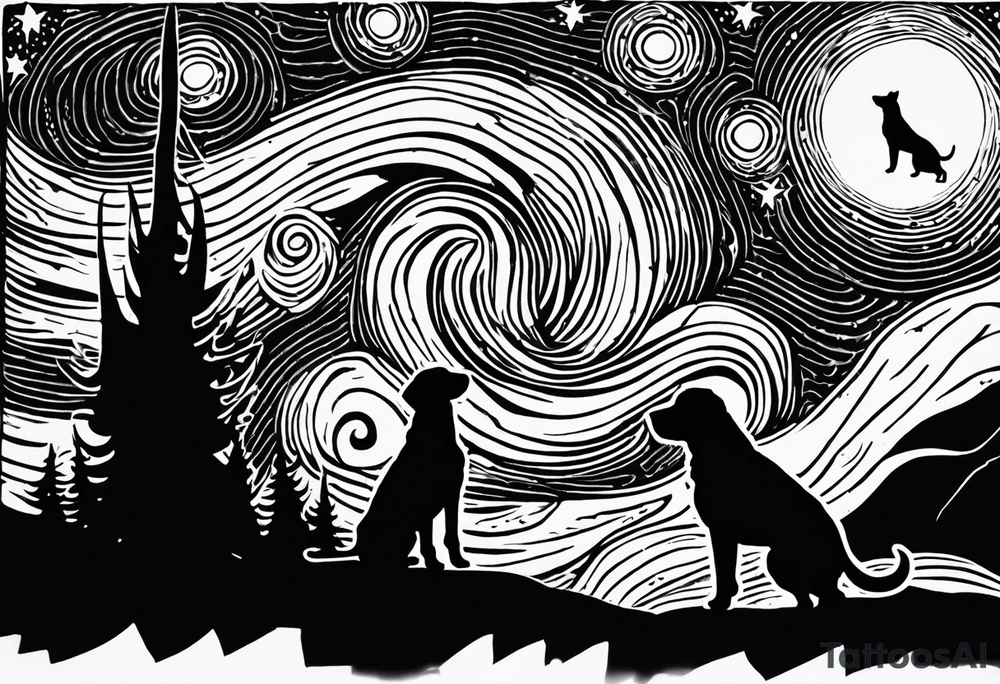 A silhouette of a labrador retriever, a german shephard, a beagle, and an adult human male, looking up at a night sky in the style of Van Gogh Starry Night. Must be narrow and tall to fit on an upper arm. tattoo idea