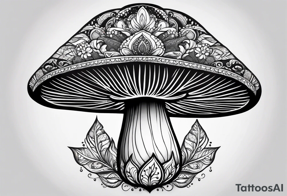 Black mushroom tattoo with henna style mandala design surrounding it tattoo idea