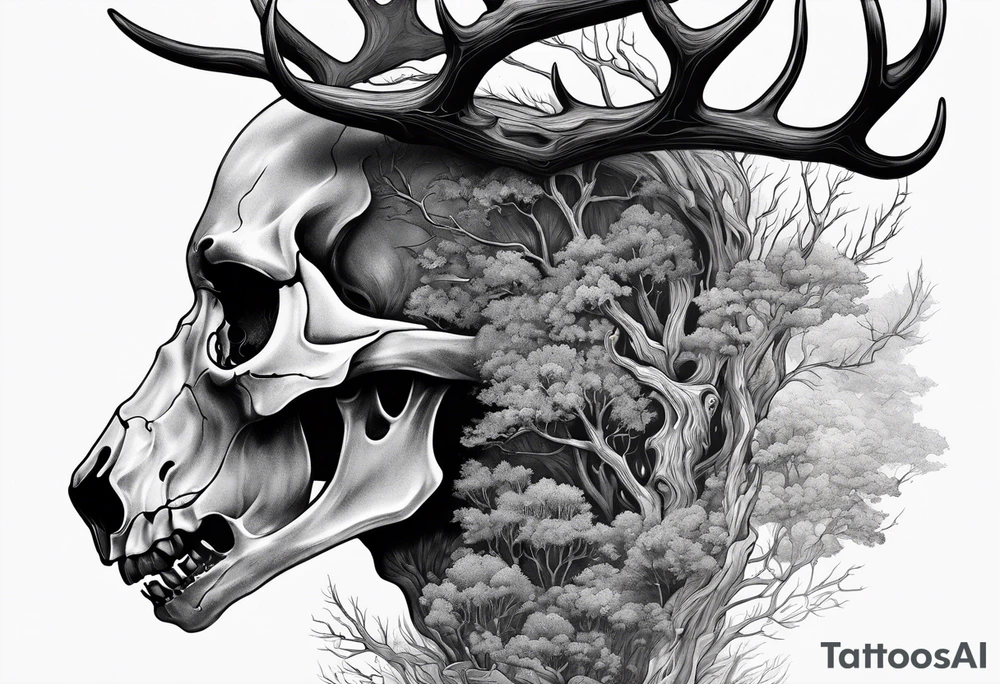 A side profile of a human with a deer skull head, forest fire tattoo idea