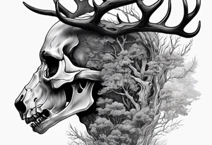 A side profile of a human with a deer skull head, forest fire tattoo idea