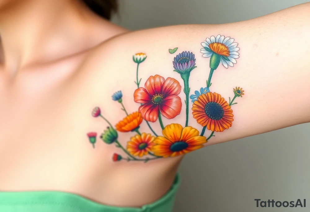 Create an image of an upper arm tattoo (from shoulder cap to just above the elbow) comprised of California poppies, California blackberries, gray’s lupine, marsh marigold, Indian paintbrush, one daisy, and an orange and orange blossom. Use color tattoo idea