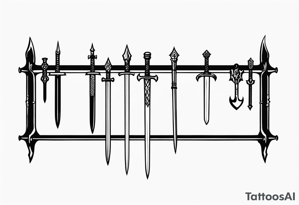 Medieval weapons rack with 4 different kind of piercing weapons hanging from 4 of the 6 open spaces. tattoo idea