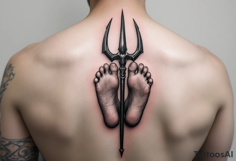 barefeet behind trident tattoo idea