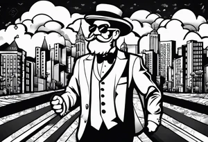 Monopoly man walking down a urban street with scattered xzanax bars and clouds with praying hands used for fillers tattoo idea