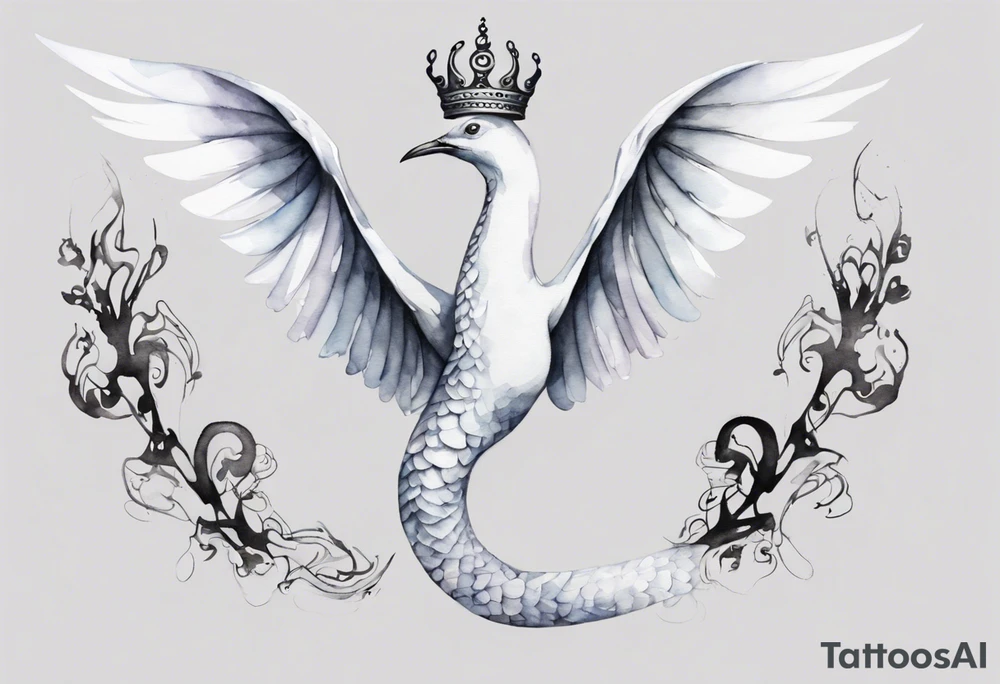 a white bird-serpent hybrid, wearing a small crown, flying in the air tattoo idea