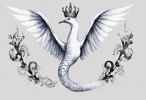 a white bird-serpent hybrid, wearing a small crown, flying in the air tattoo idea