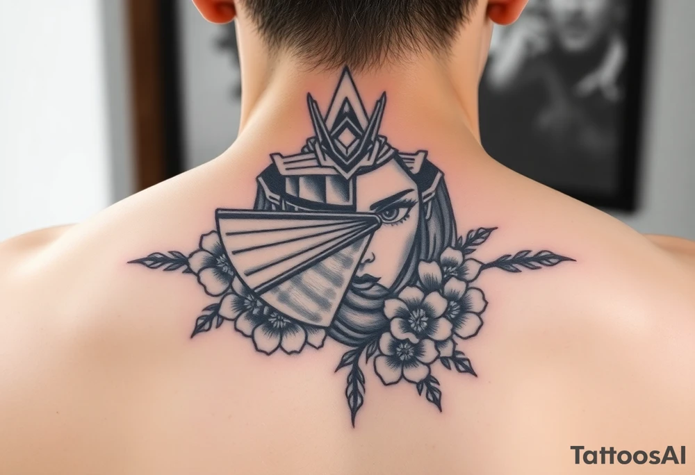 Samurai Asian face warrior and half
 with a fan across her face with cherry blossom tattoo idea