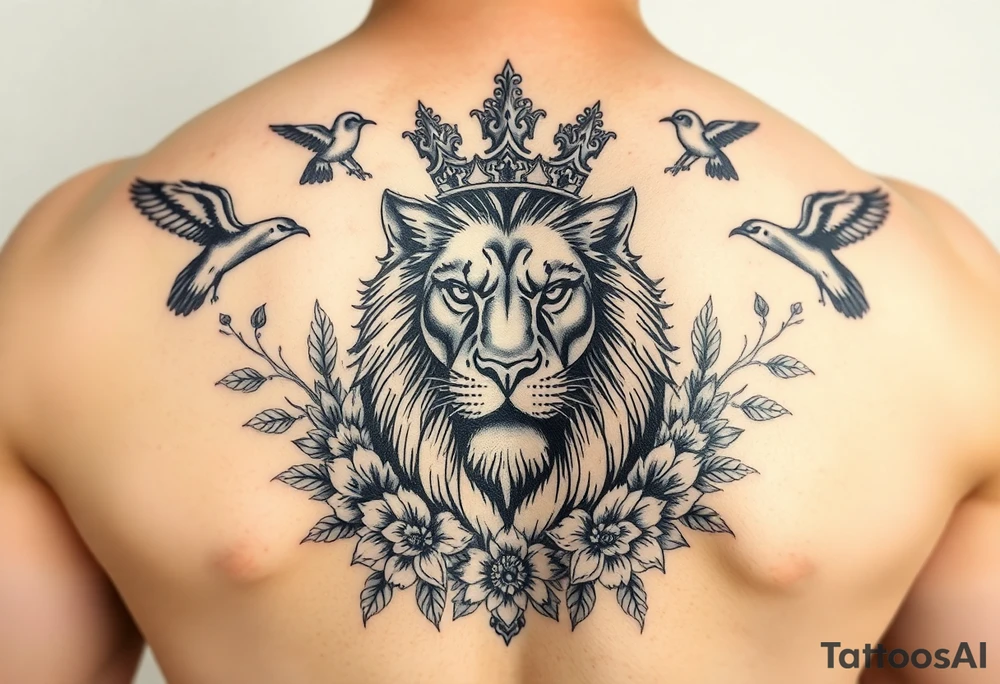 powerful majestic lion with a crown, surrounded by floral ornaments and birds tattoo idea