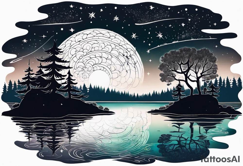 a lake reflecting a dark starry sky with a forest around it tattoo idea