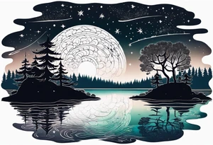 a lake reflecting a dark starry sky with a forest around it tattoo idea