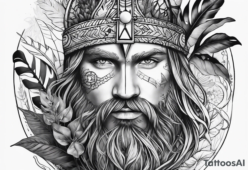 sleeve tattoo with jungle plants and viking compass tattoo idea
