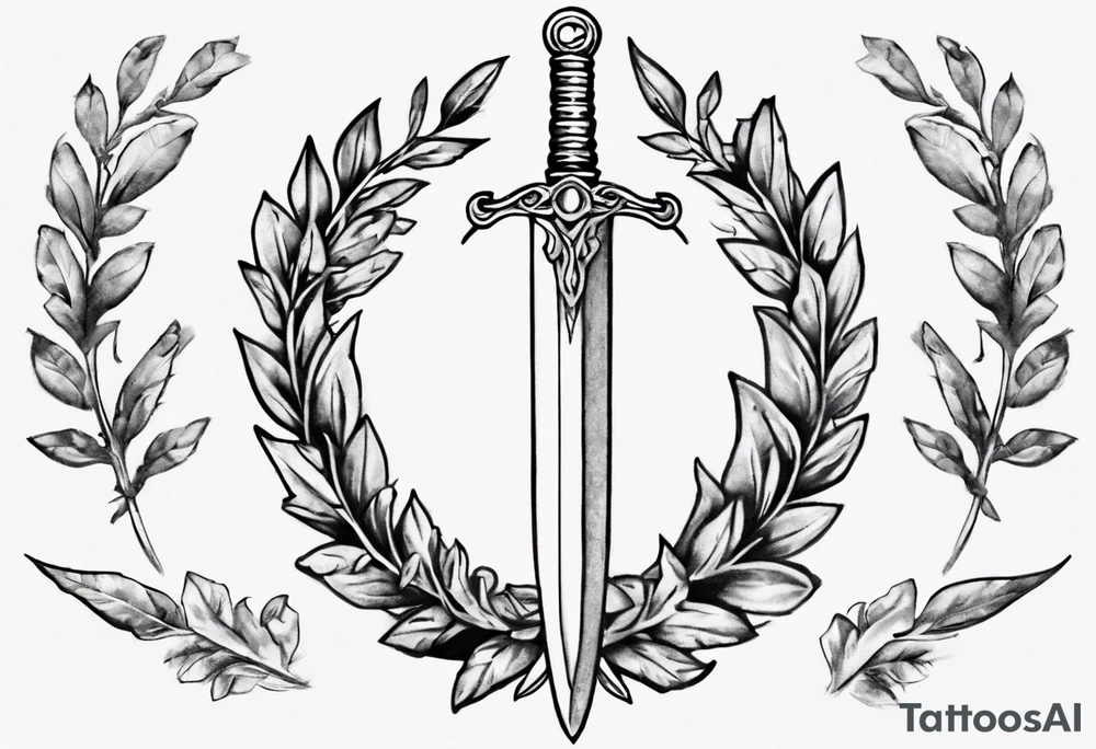 A sword and the number 13 in the middle of a laurel leaf wreath tattoo idea