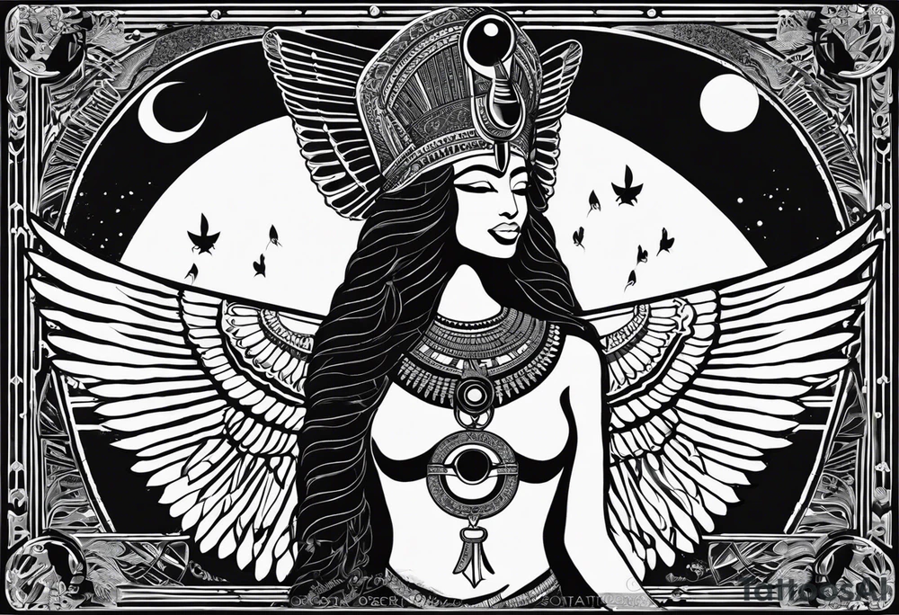 black and white Egyptian goddess Isis, who is often depicted as a woman with outstretched wings, holding an ankh (a symbol of life) in one hand and a lotus flower in the other. Her headdress often includes a throne or a solar disk. The tattoo design can vary in style and size, but it typically aims to capture the essence of this revered Egyptian deity, emphasizing her beauty, power, and maternal qualities. The choice of colors and additional elements can also be customized to create a unique and visually striking representation of the goddess Isis tattoo idea