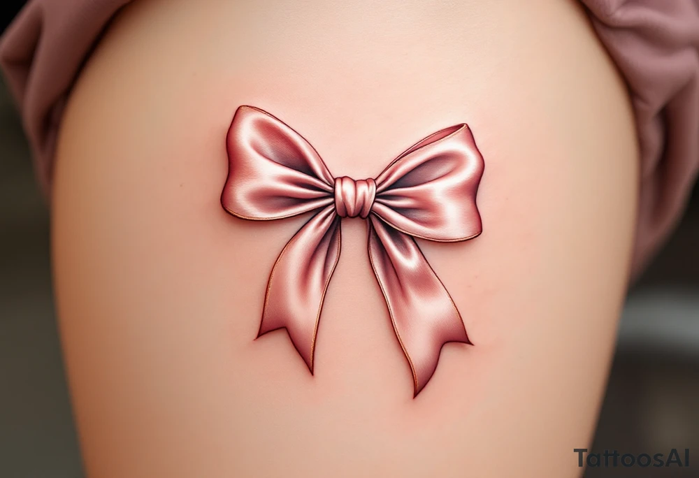 An elegant satin bow tattoo, tied in a perfect knot with gracefully flowing tails, symbolizing unity and everlasting love. The bow is rendered in a soft blush pink with gentle highlights, creating a realistic silk-like sheen. Subtle shadows add depth, making the fabric appear delicately folded. The knot at the center is slightly darker, emphasizing its structure and strength. tattoo idea