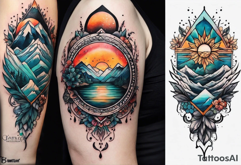 I want to 2 different tattoo design, but they will be in a matching style.
First tattoo will be mountains with a sunrise.
second tattoo will be sea with sunset. tattoo idea