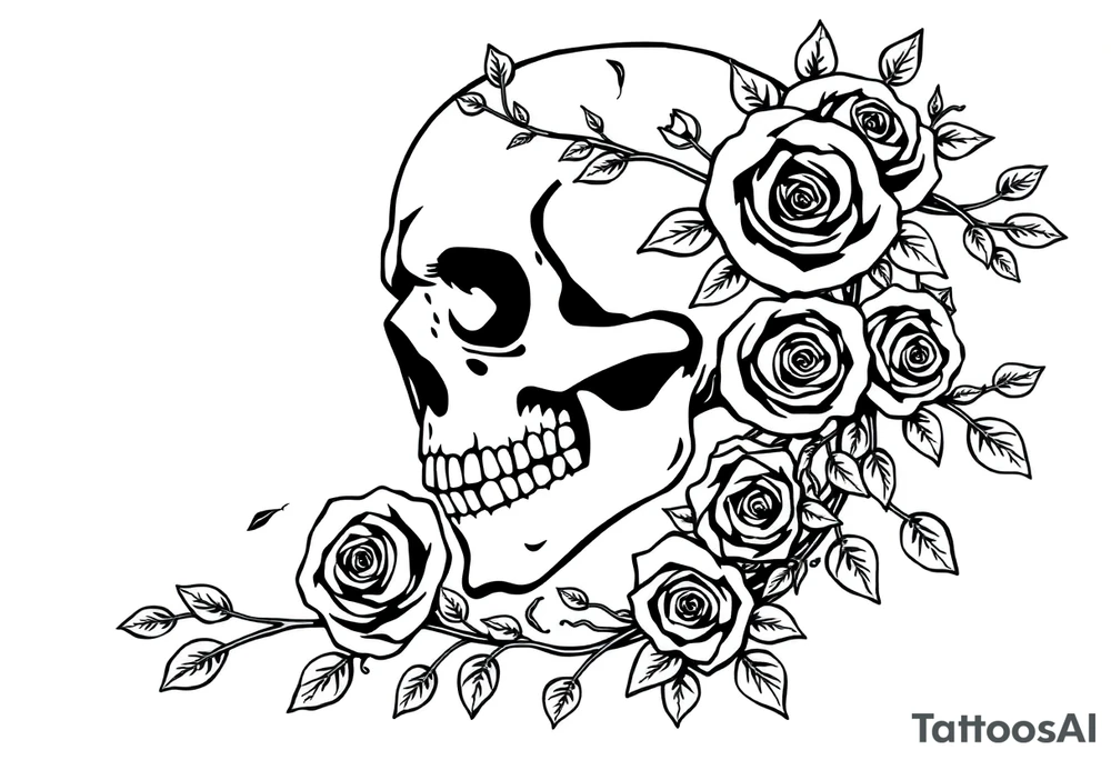 gothic skull intertwined with climbing roses and thorny vines tattoo idea
