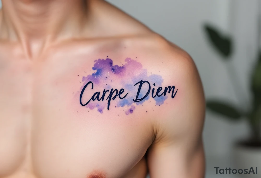 "Carpe Diem" in dark navy ink, placed over a soft watercolor galaxy in shades of purple and blue. tattoo idea