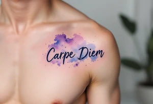 "Carpe Diem" in dark navy ink, placed over a soft watercolor galaxy in shades of purple and blue. tattoo idea