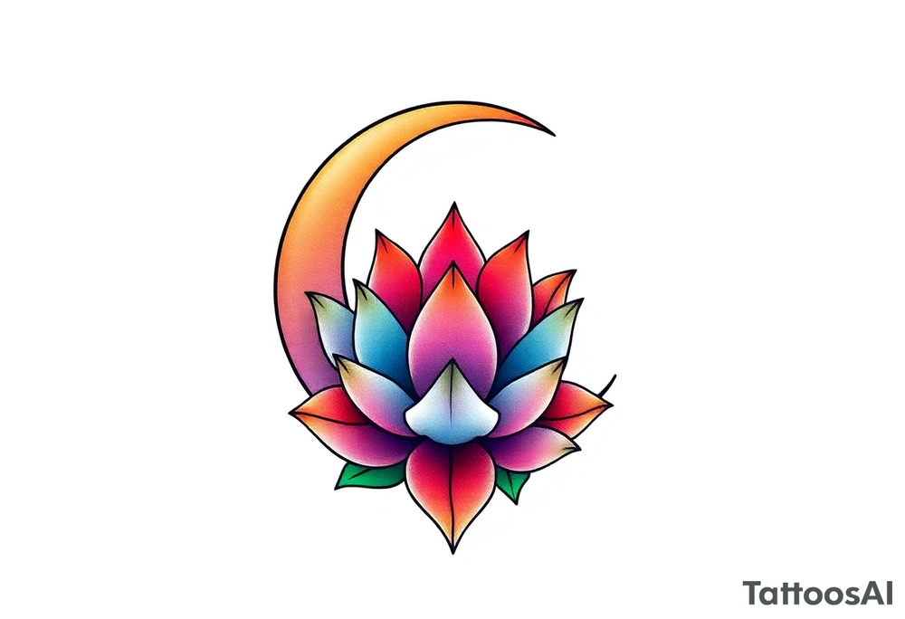 small colorful crescent moon with lotus flower tattoo idea