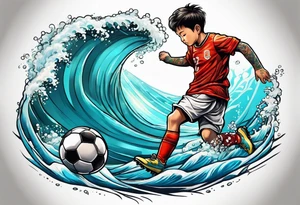 kid playing soccer in ocean with goal post tattoo idea