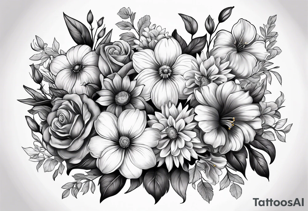 black and gray bunch of flowers that include violets, daffodils, daisies, roses, morning glorys, marigolds, chysanthemums tattoo idea
