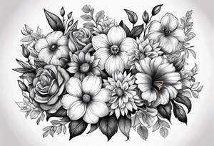 black and gray bunch of flowers that include violets, daffodils, daisies, roses, morning glorys, marigolds, chysanthemums tattoo idea