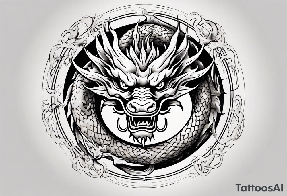 Chinese dragon in a circular shape with "02.03" written on its skin tattoo idea