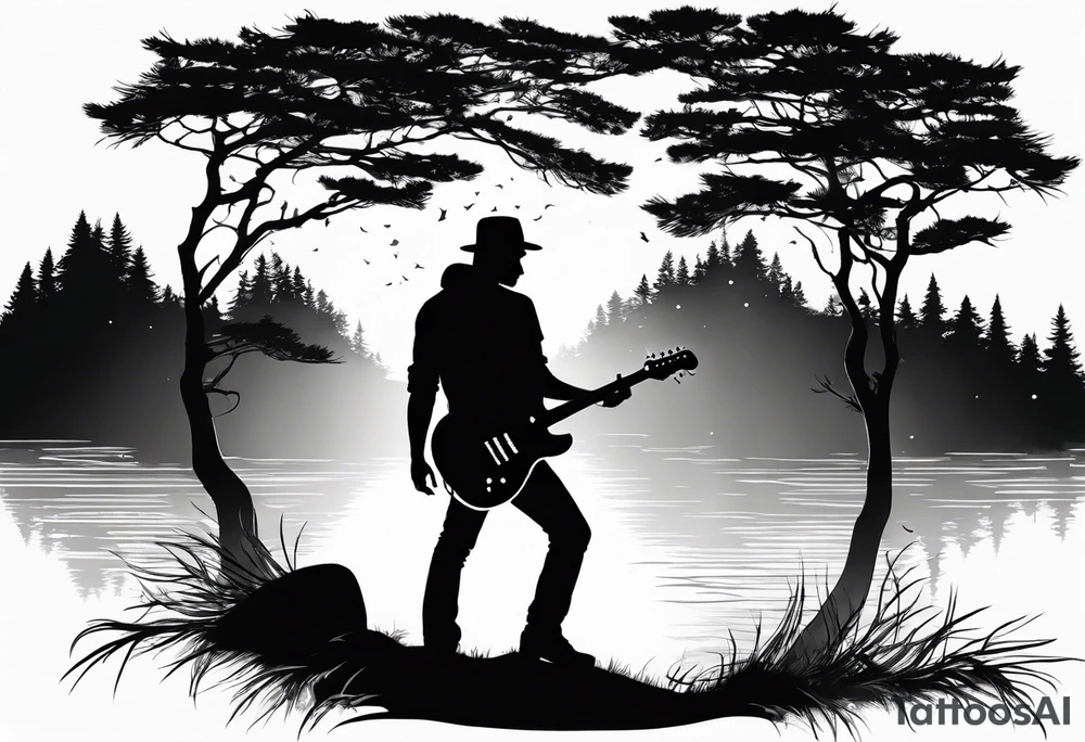 silhouette of a man standing under a pine tree playing electric guitar tattoo idea