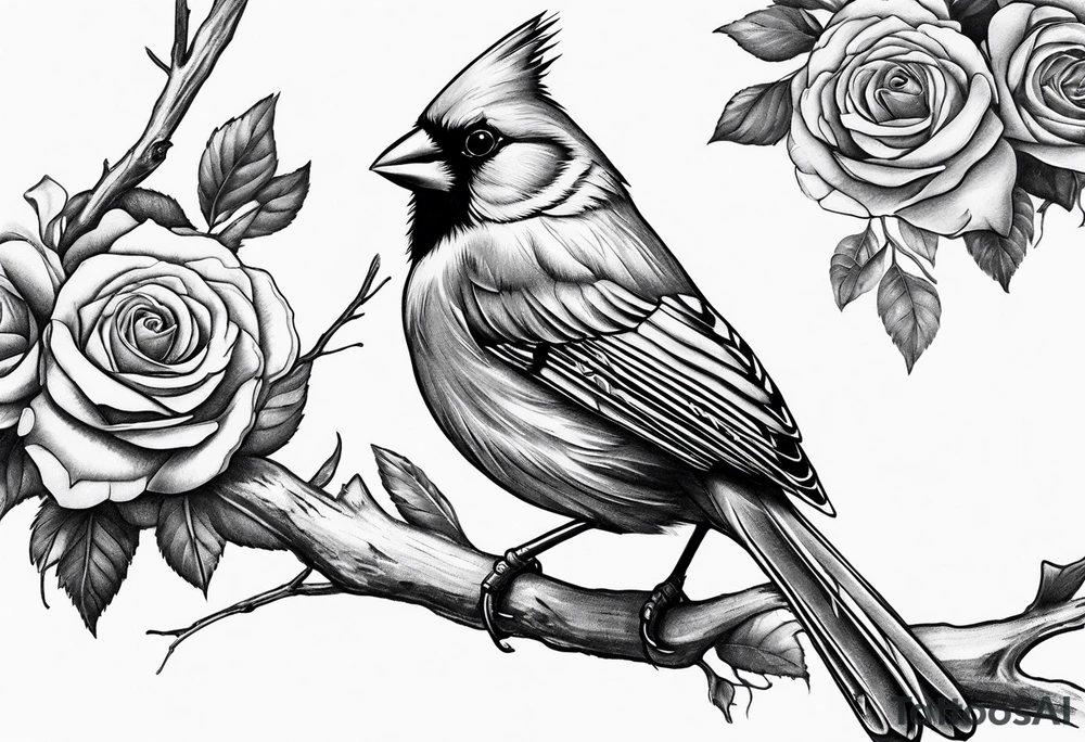 Masculine, cardinal on branch, roses, realistic, upper arm, black and white tattoo idea