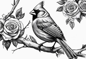 Masculine, cardinal on branch, roses, realistic, upper arm, black and white tattoo idea